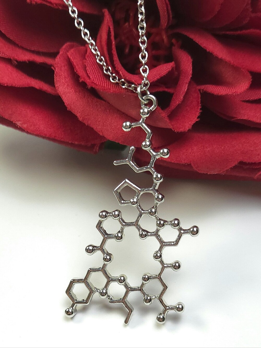 Rhodium Plated Oxytocin LOVE Molecule Pendant Necklace Feel Good Horomone